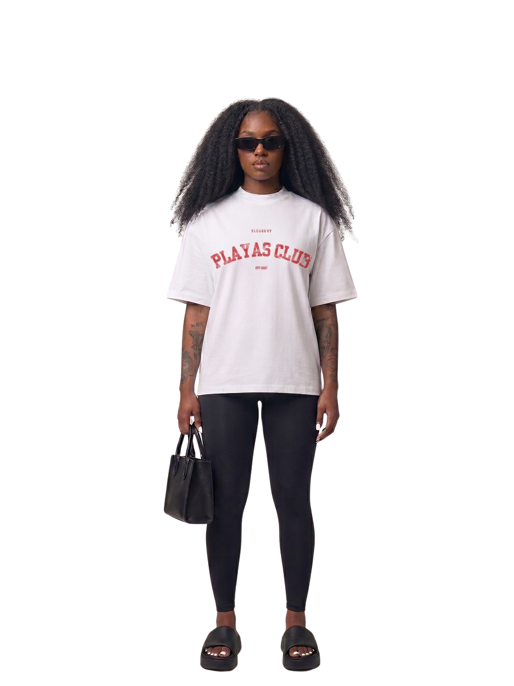 Bleu Bury white and red oversized graphic t shirt at unseen grail. local brands south africa. streetwear. men and women. galxboy. studio image female model front