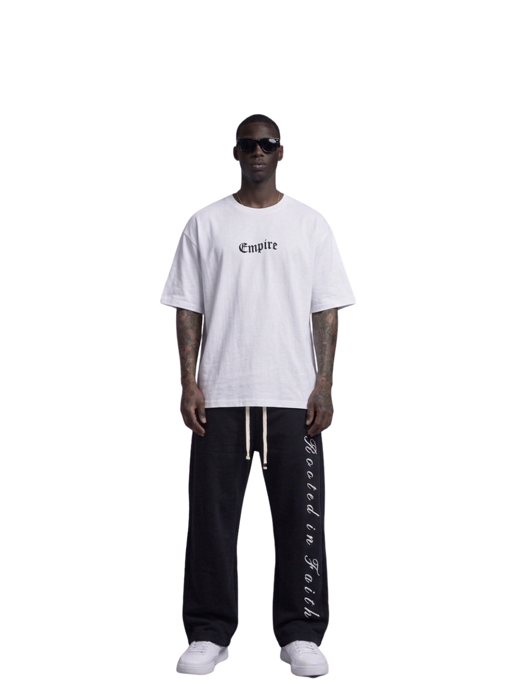 Empire white oversized graphic t shirt at unseen grail. local brands south africa. streetwear. men and women. studio image male front view