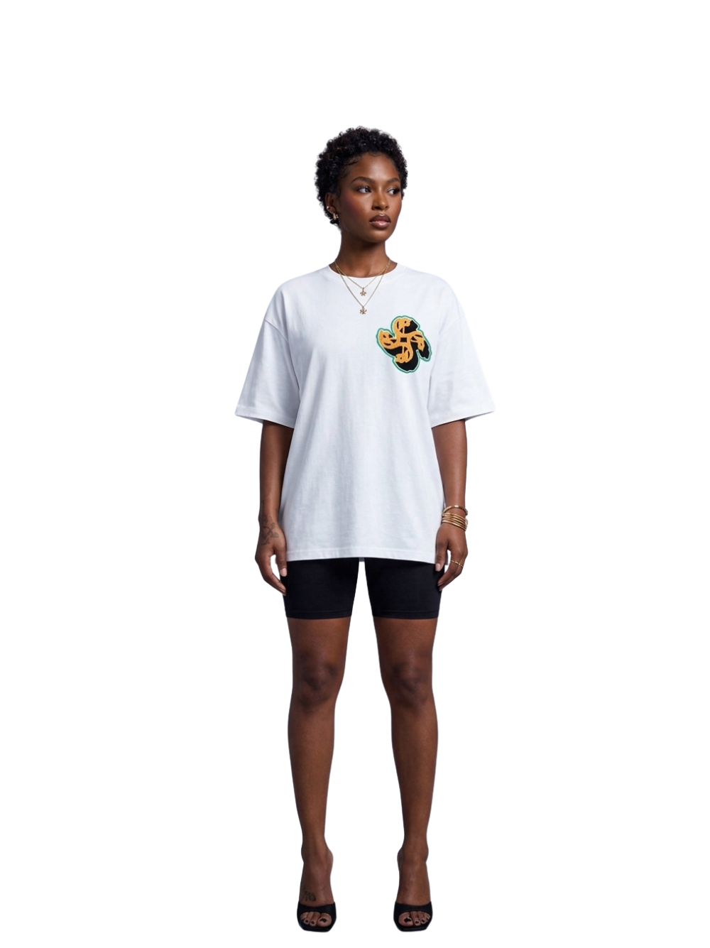 Empire white oversized graphic white tshirt at unseen grail. local brands south africa. streetwear. men and women. studio image female model front view