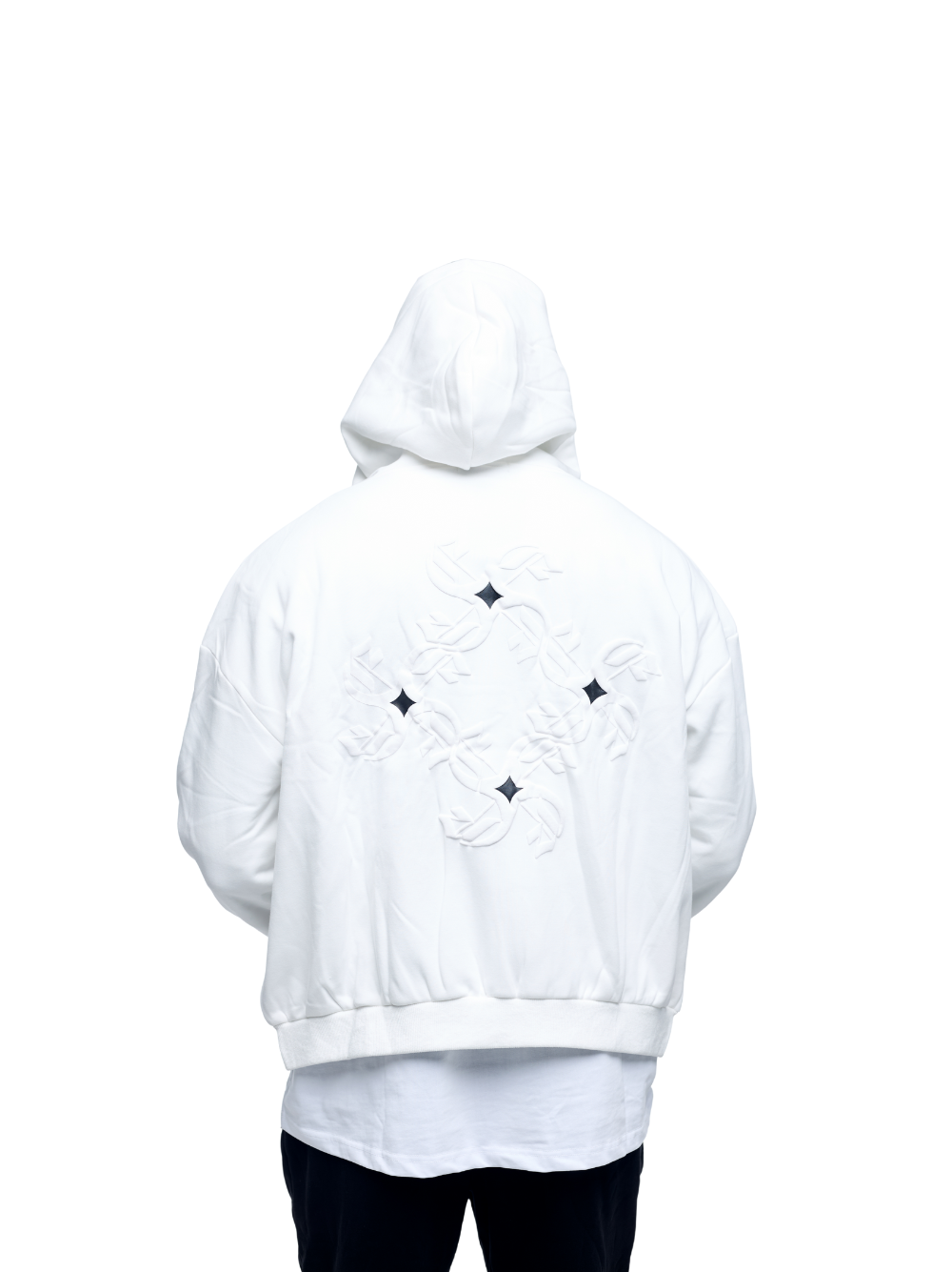 Empire white oversized zipper hoodie at unseen grail. local brands south africa. streetwear. men and women. studio image male model back view