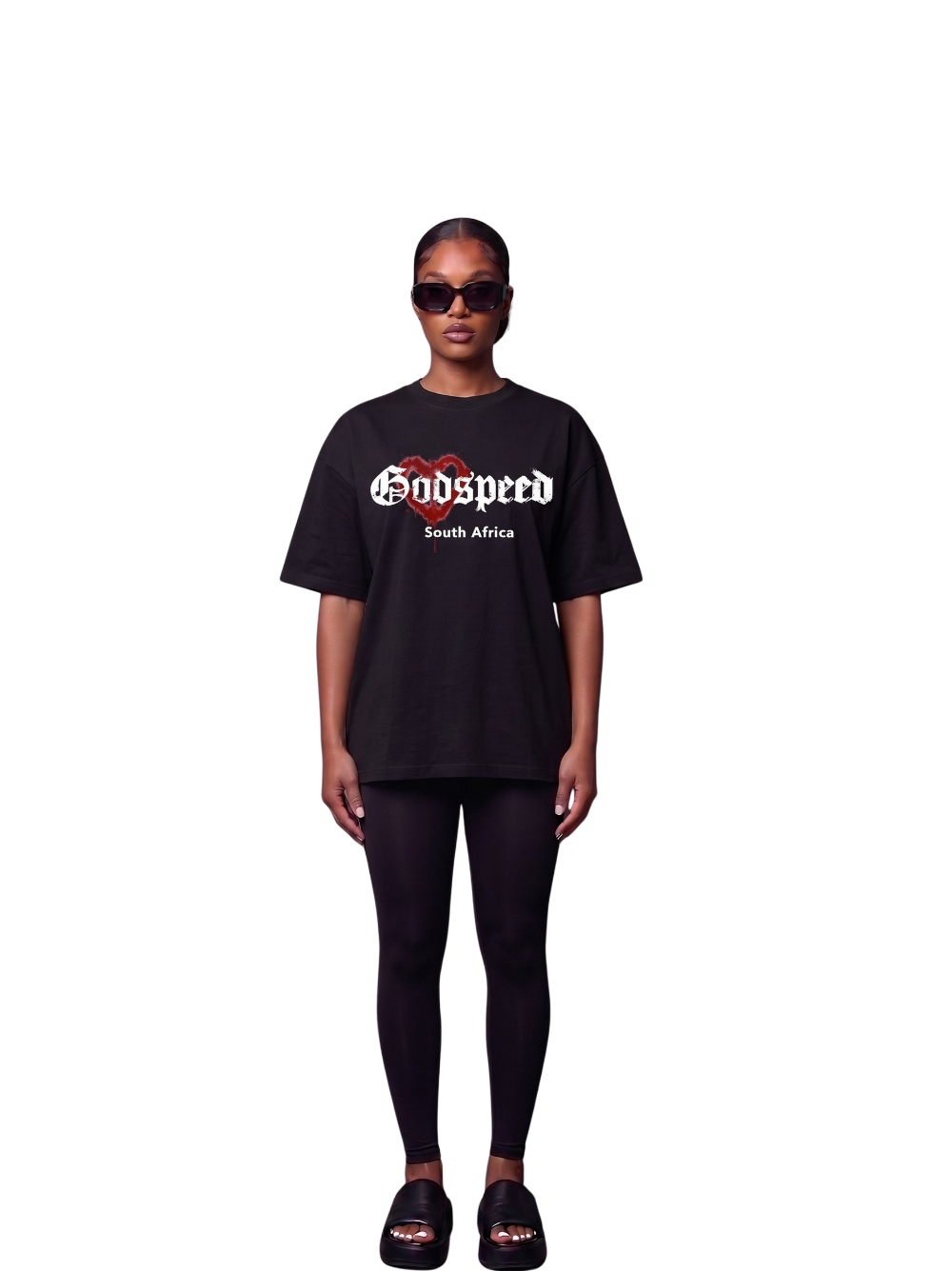 Godspeed black oversized graphic t shirt at unseen grail. local brands south africa. streetwear. men and women. studio image female model front view full outfit. galxboy, bantu