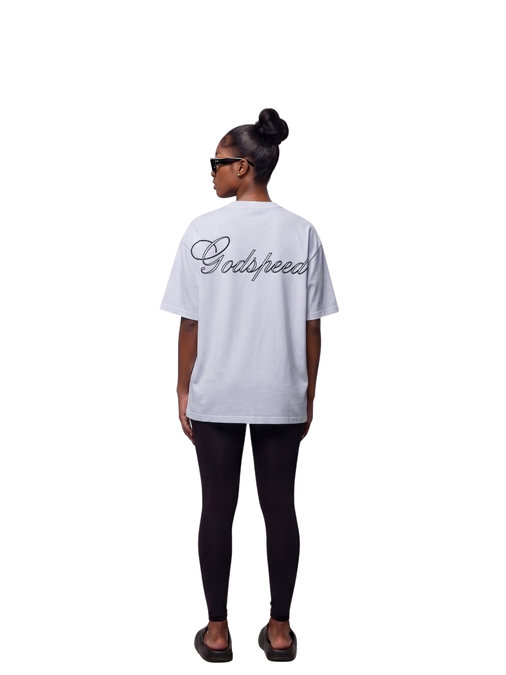 Godspeed white oversized graphic t shirt at unseen grail. local brands south africa. streetwear. men and women. studio image behind female model full outfit. galxboy, bantu, nike