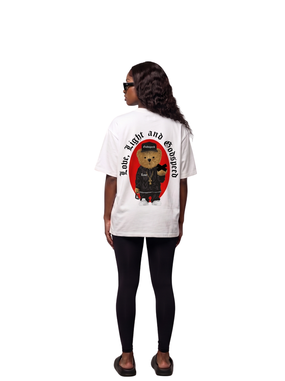 Godspeed white oversized graphic t shirt at unseen grail. local brands south africa. streetwear. men and women. studio image behind full outfit female model. galxboy, bantu, represent
