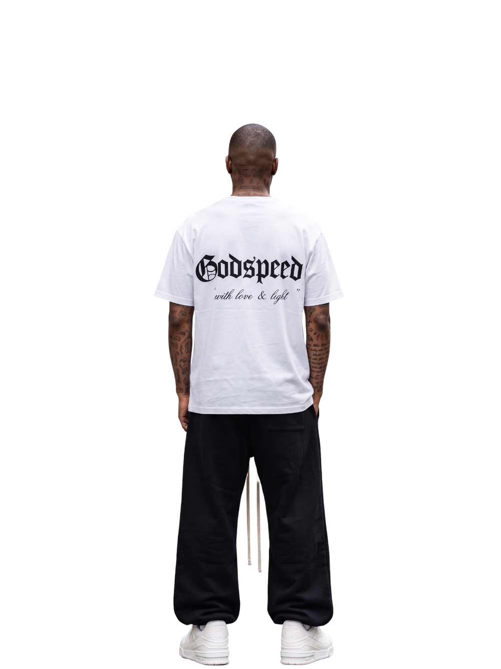 Godspeed white oversized graphic t shirt at unseen grail. local brands south africa. streetwear. men and women. studio image behind full outfit male. galxboy, bantu, boys of soweto