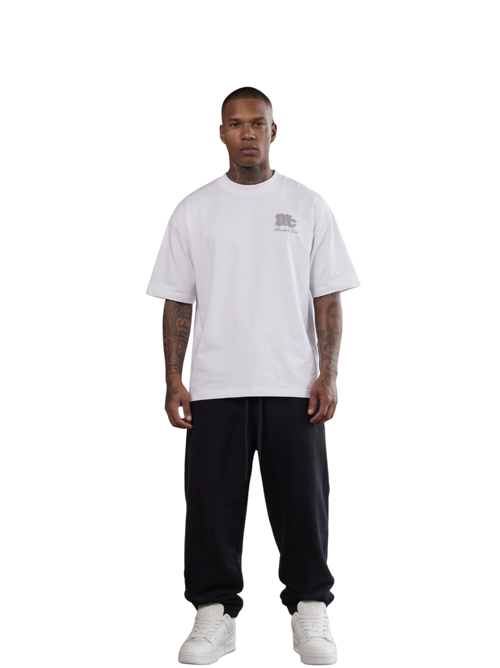 Members club white oversized graphic t shirt at unseen grail. local brands south africa. streetwear. men and women. studio image male model front galxboy, bantu