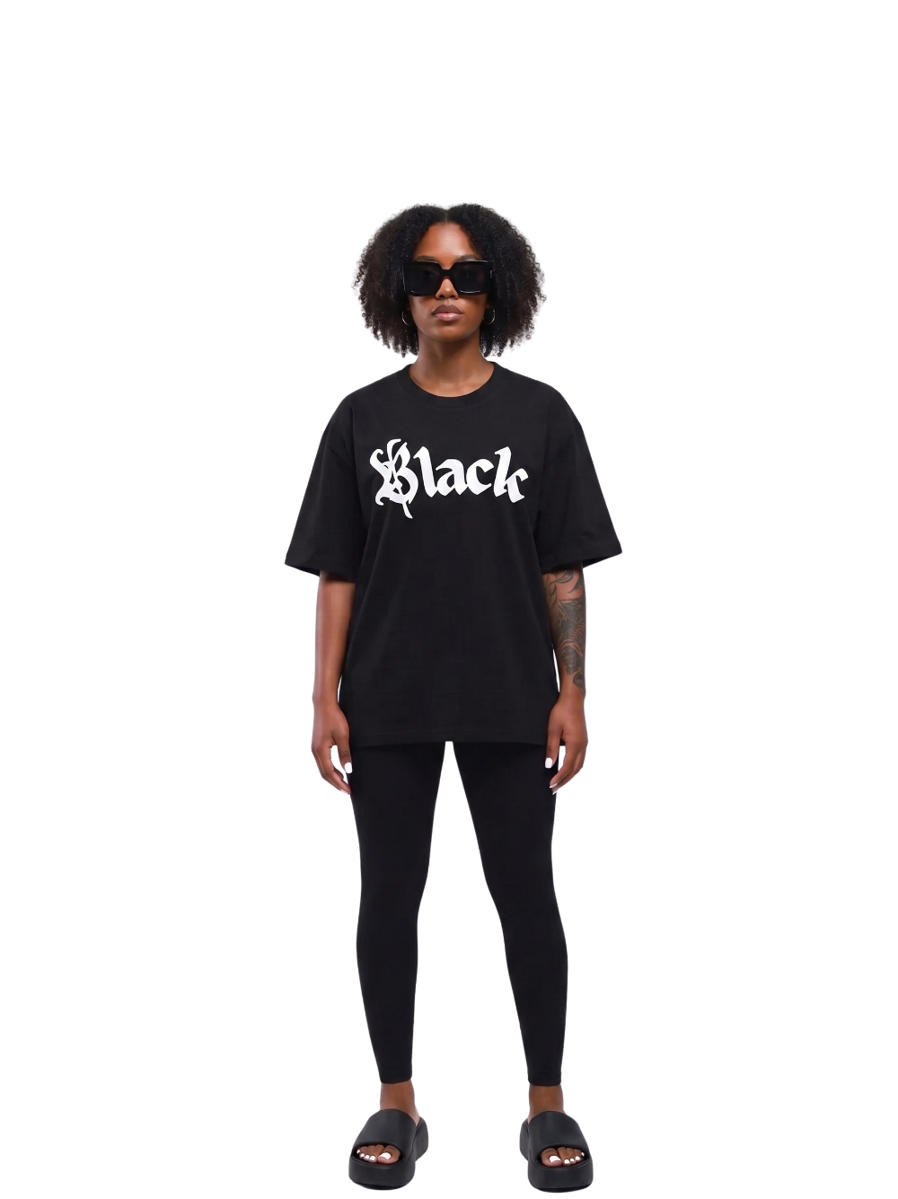 black river black oversized graphic t-shirt at unseen grail. local brands south africa. streetwear. men and women. studio image front full outfit female. galxboy, bantu, el patron