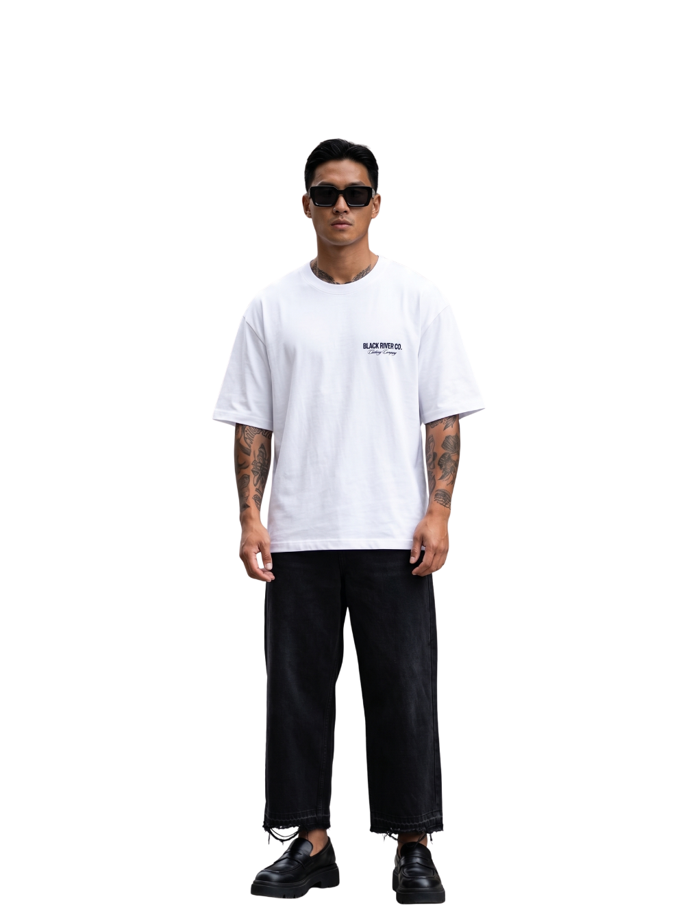 black river white oversized graphic t-shirt at unseen grail. local brands south africa. streetwear. men and women. studio image men front. galxboy, bantu, boys of soweto