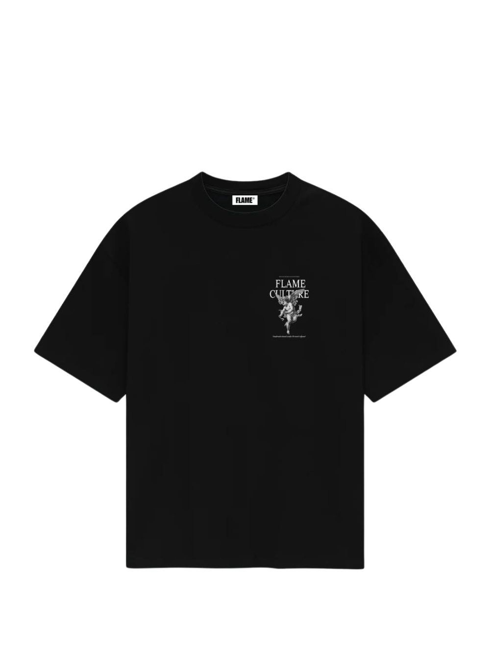 flame culture black oversized graphic t shirt at unseen grail. local brands south africa. streetwear. men and women. studio image