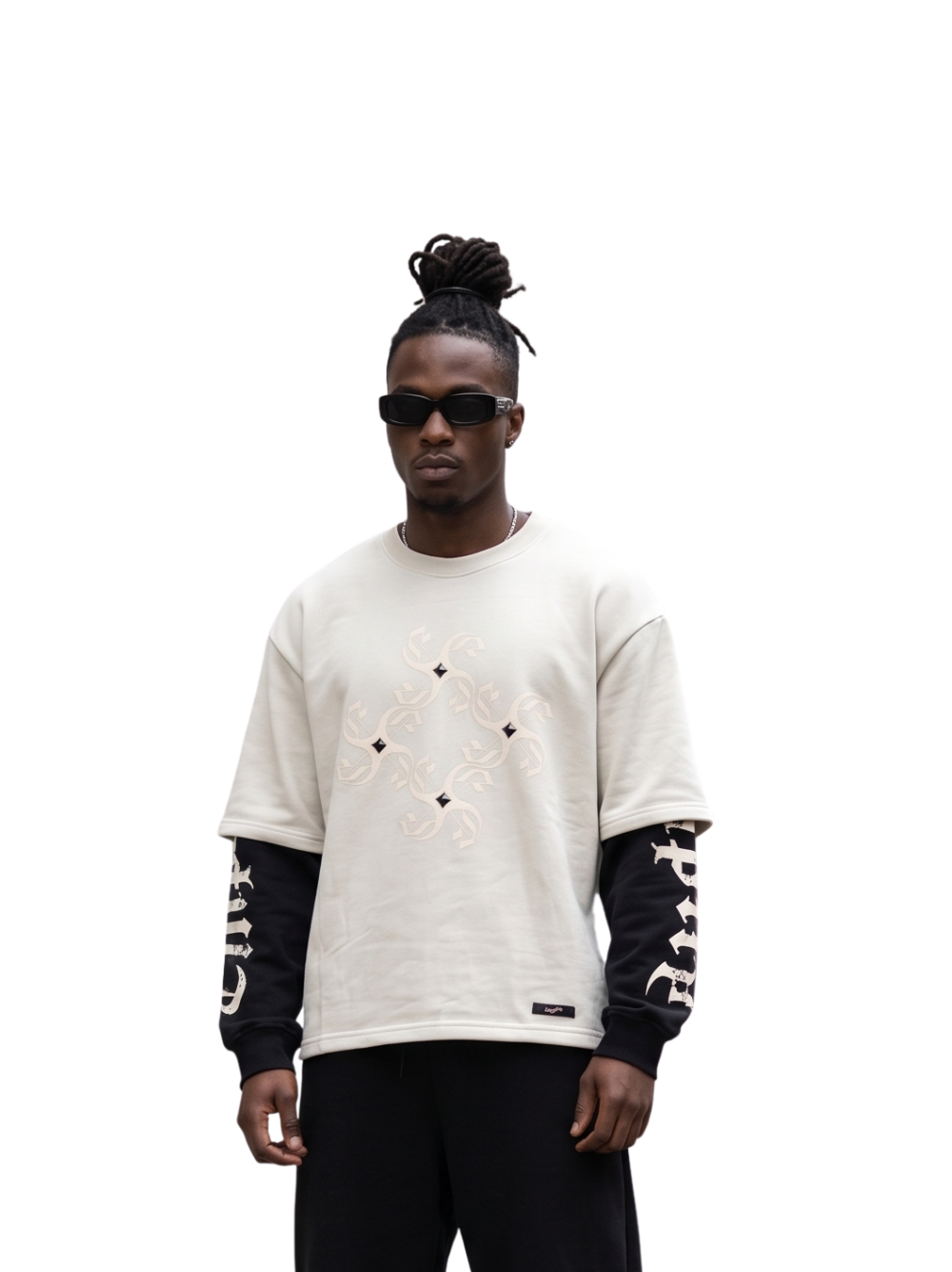 Empire white oversized graphic long sleeve shirt at unseen grail. local brands south africa. streetwear. men and women. studio image male model front