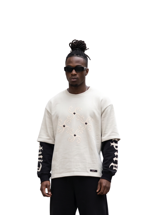Empire white oversized graphic long sleeve shirt at unseen grail. local brands south africa. streetwear. men and women. studio image male model front