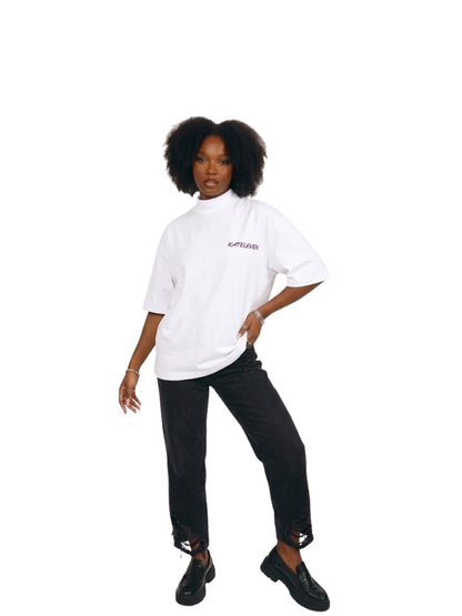 Kai Eleven Full White Embroidered T-Shirt With Purple Cursive Logo