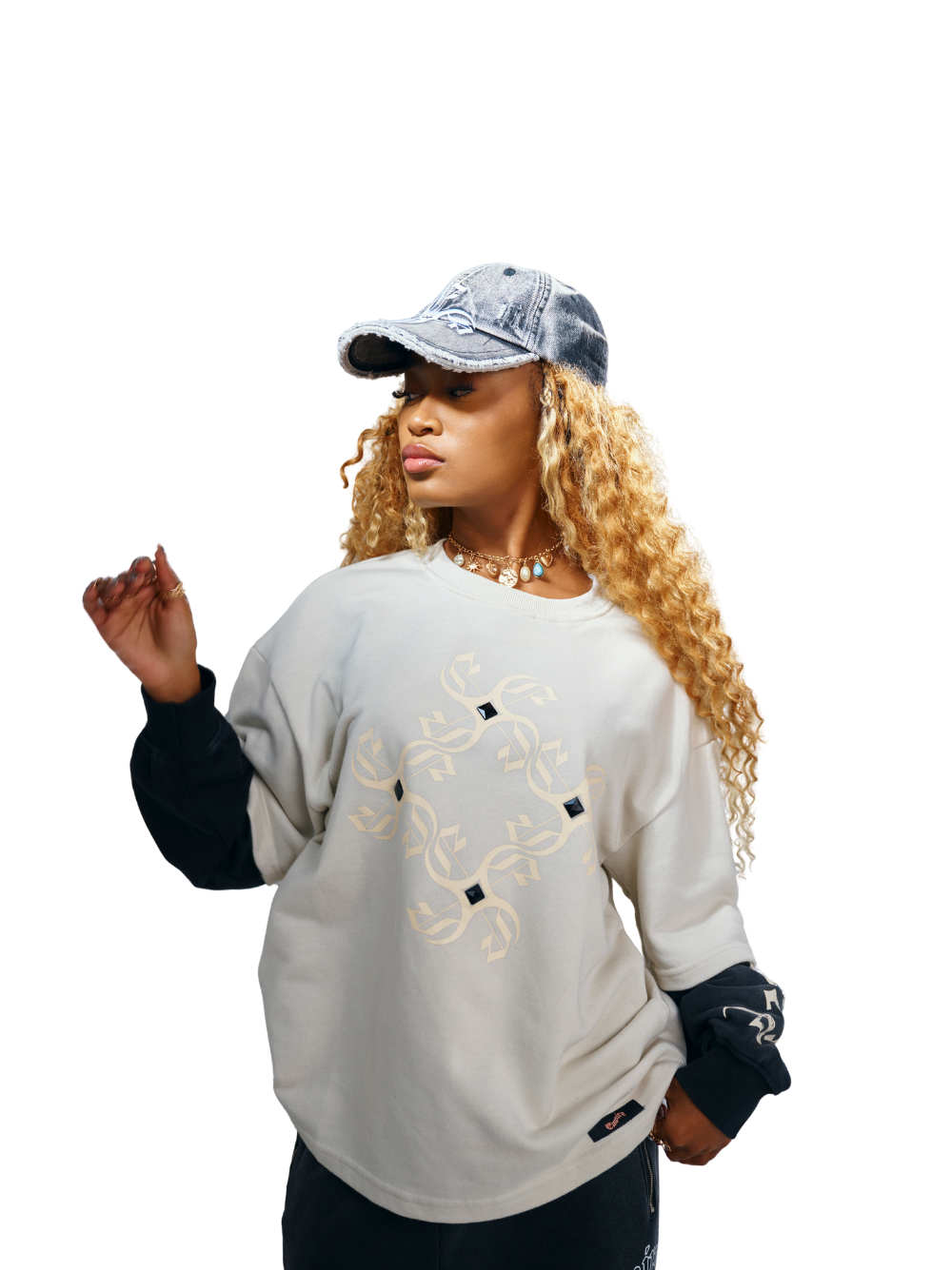 Empire white oversized graphic long sleeve shirt at unseen grail. local brands south africa. streetwear. men and women. studio image female model front