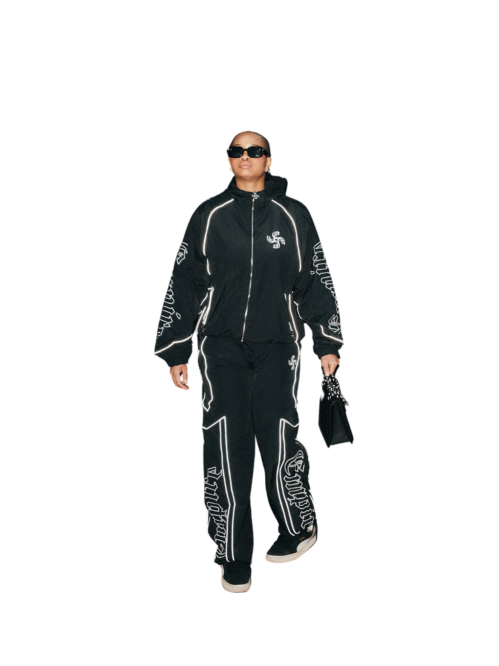 empire black oversized graphic tracksuit at unseen grail. local brands south africa. streetwear. men and women. studio image female model front