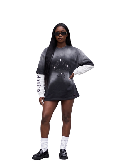 Empire black oversized graphic long sleeve shirt at unseen grail. local brands south africa. streetwear. men and women. studio image female model full outfit
