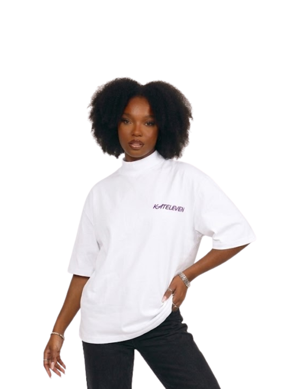 Kai Eleven Full White Embroidered T-Shirt With Purple Cursive Logo