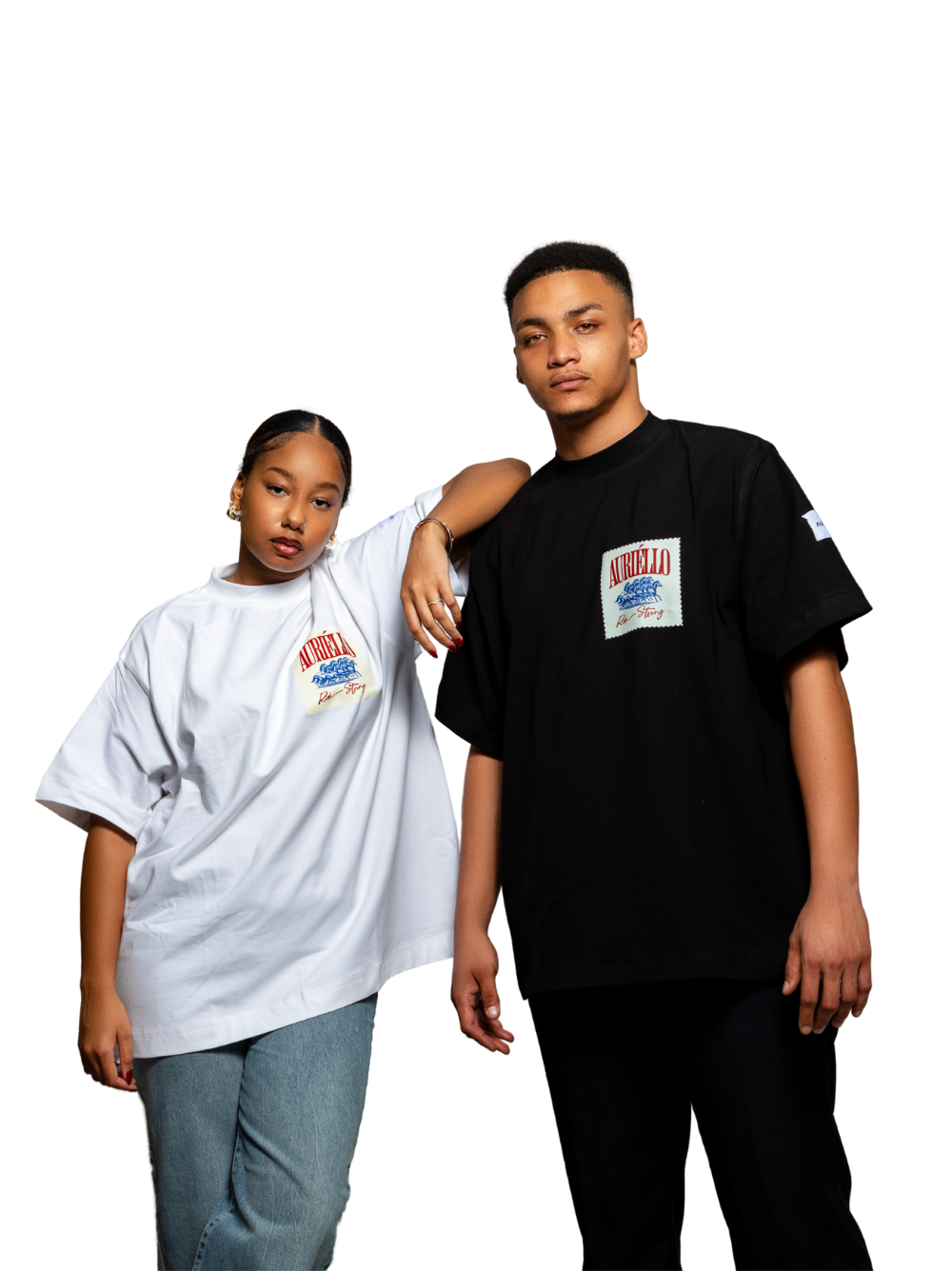 Auriello black oversized graphic vest at unseen grail. local brands south africa. streetwear. men and women. studio image female and male model standing up