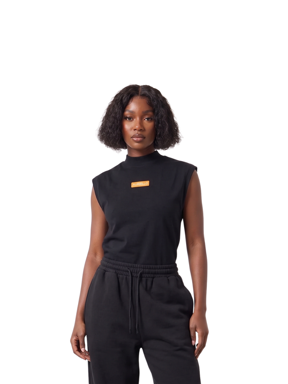 Auriello black oversized graphic vest at unseen grail. local brands south africa. streetwear. men and women. studio image female model front