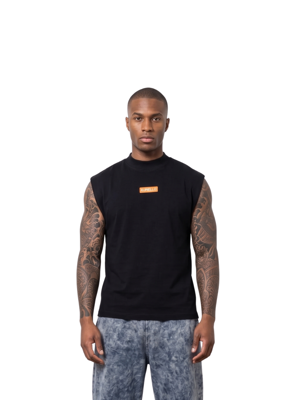 Auriello black oversized graphic vest at unseen grail. local brands south africa. streetwear. men and women. studio image male model front