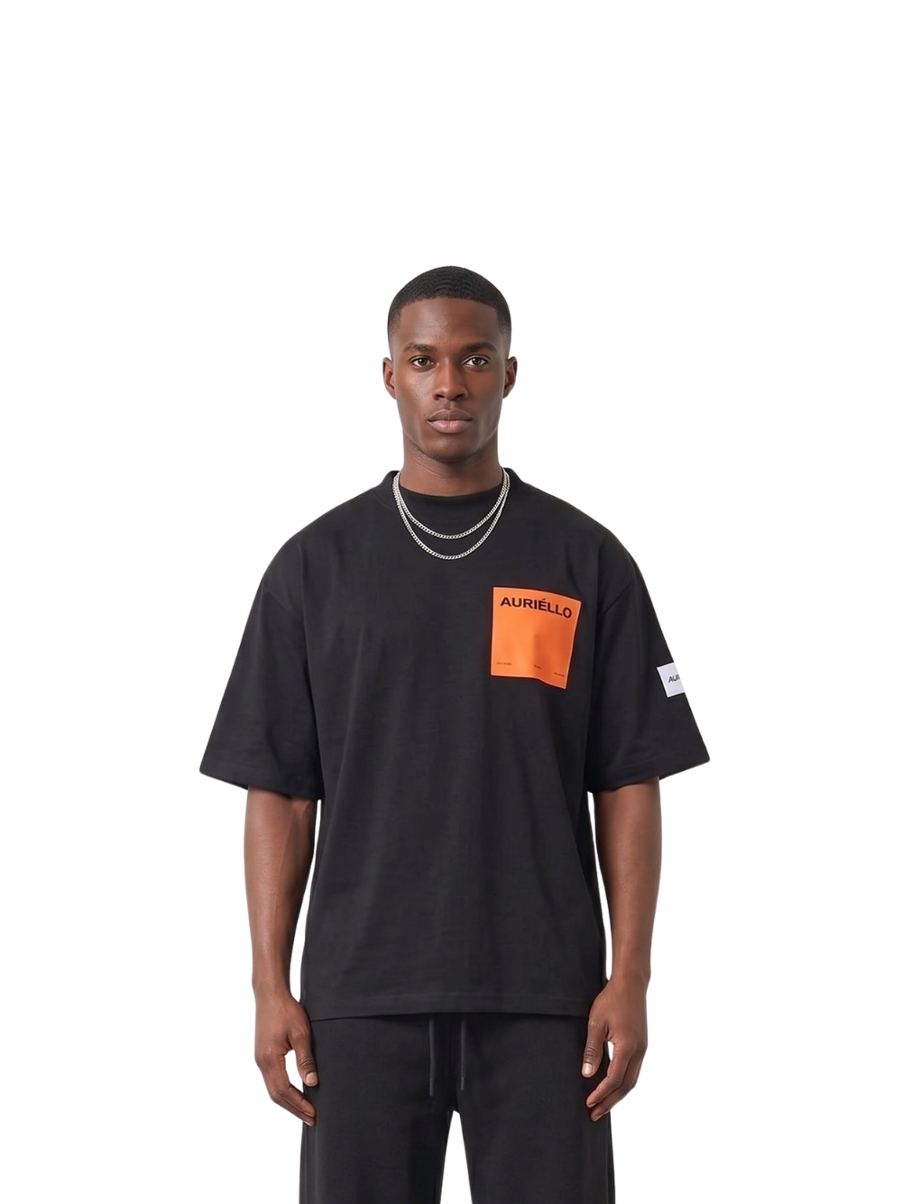 Auriello black oversized graphic vest at unseen grail. local brands south africa. streetwear. men and women. studio image male model orange pocket