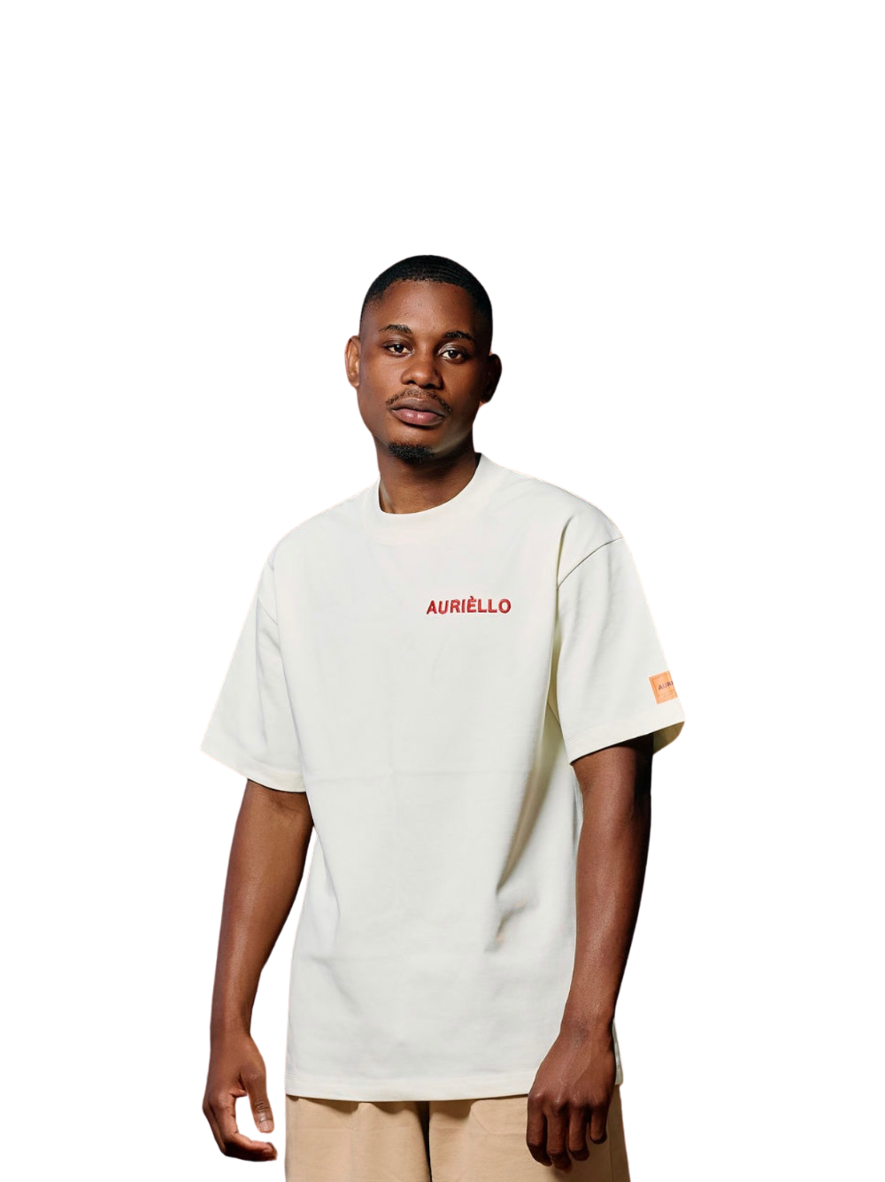 Auriello cream oversized graphic vest at unseen grail. local brands south africa. streetwear. men and women. studio image male model front