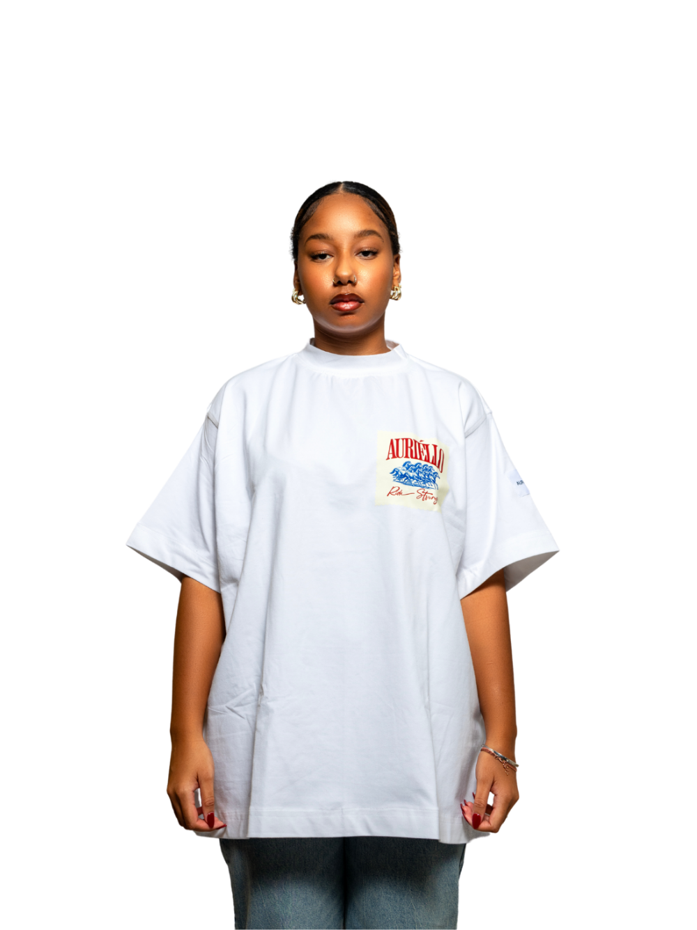 Auriello white cowboy oversized graphic vest at unseen grail. local brands south africa. streetwear. men and women. studio image female model