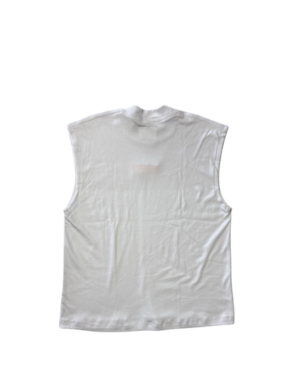 Auriello white oversized graphic vest at unseen grail. local brands south africa. streetwear. men and women. studio image back flatlay