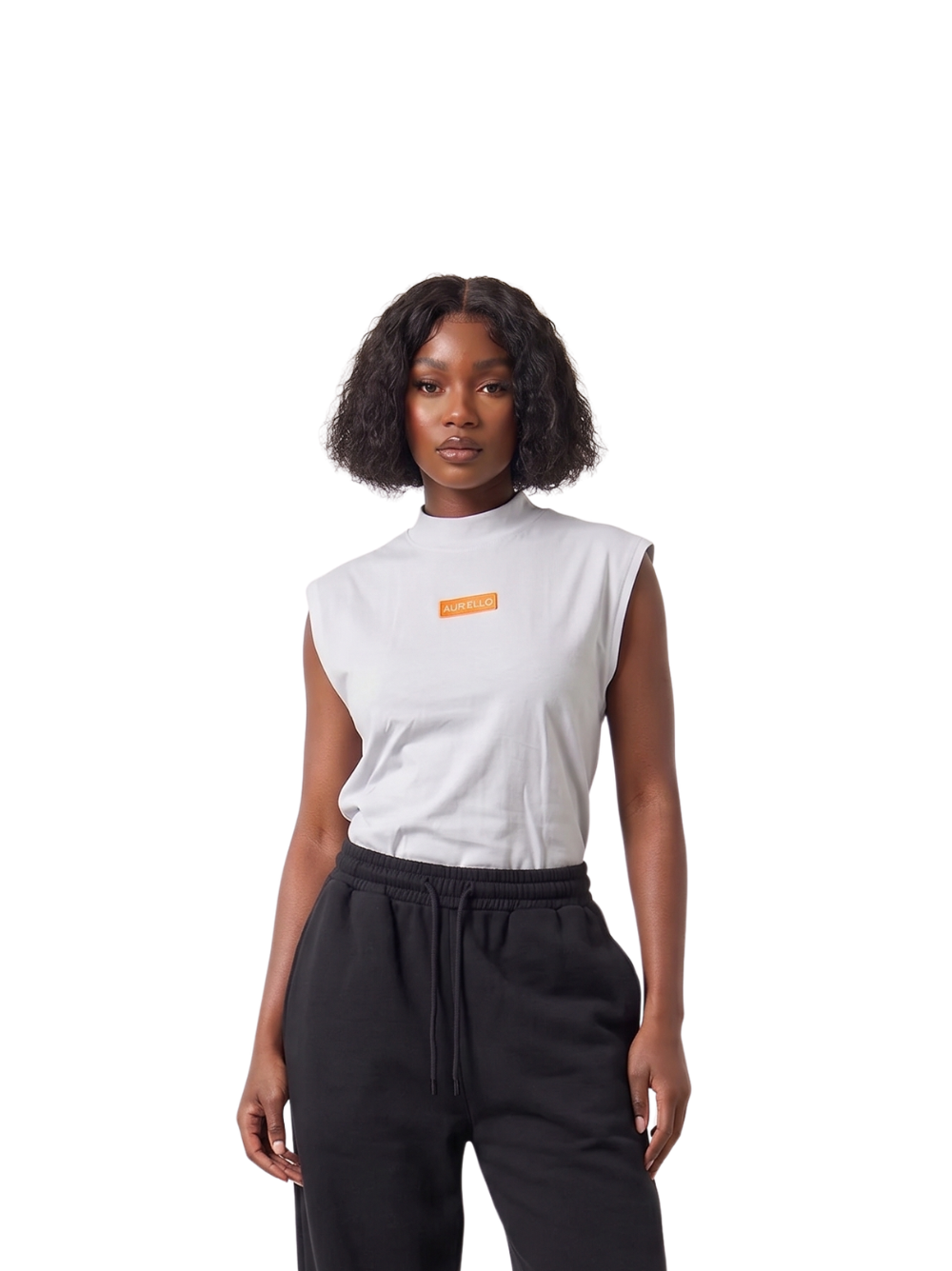 Auriello white oversized graphic vest at unseen grail. local brands south africa. streetwear. men and women. studio image female model front