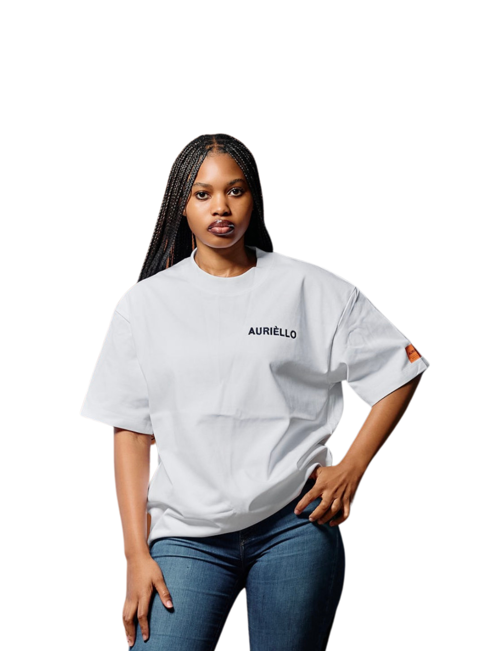 Auriello white oversized graphic vest at unseen grail. local brands south africa. streetwear. men and women. studio image female model front holding hip
