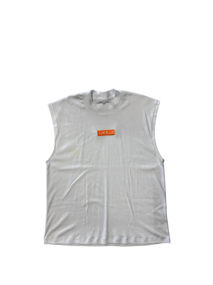 Auriello white oversized graphic vest at unseen grail. local brands south africa. streetwear. men and women. studio image front flatlay