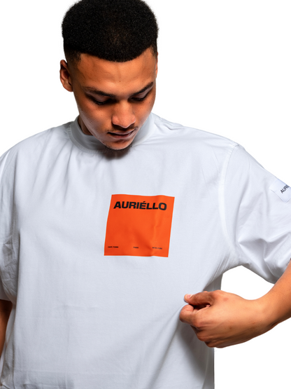 Auriello white oversized graphic vest at unseen grail. local brands south africa. streetwear. men and women. studio image orange pocket male model 