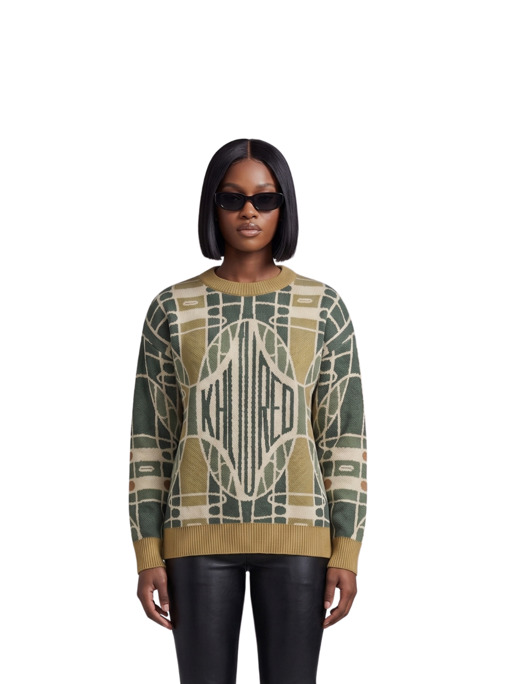 Be Khltured knitwear sweater at unseen grail. local brands south africa. Boysofsoweto. streetwear. men and women. studio image female model