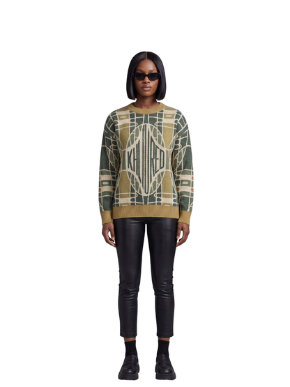 Be Khltured knitwear sweater at unseen grail. local brands south africa. Boysofsoweto. streetwear. men and women. studio image female model full outfit