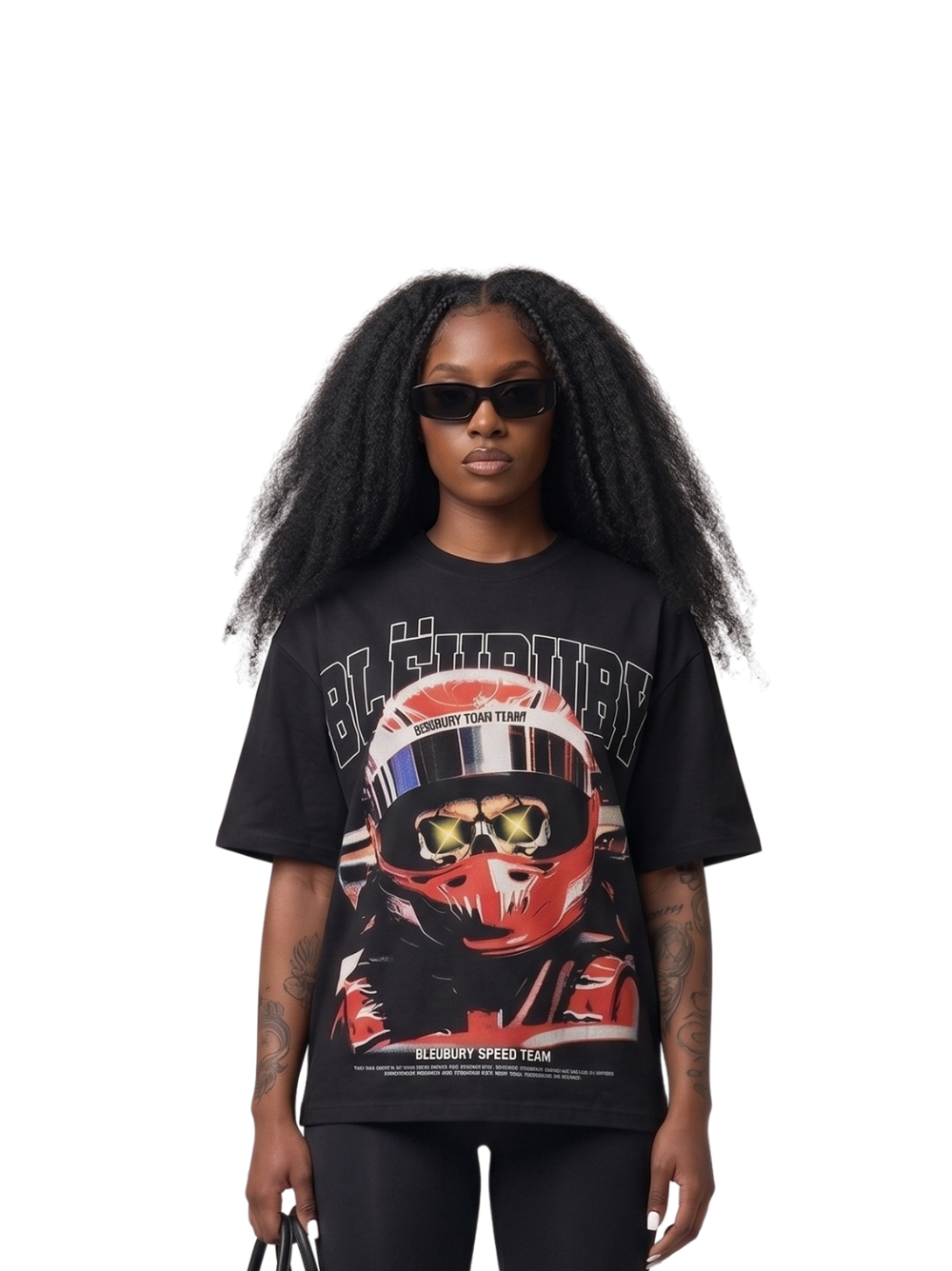 Bleu Bury black oversized graphic t shirt at unseen grail. local brands south africa. streetwear. men and women. galxboy. bantu. nike. studio image female model