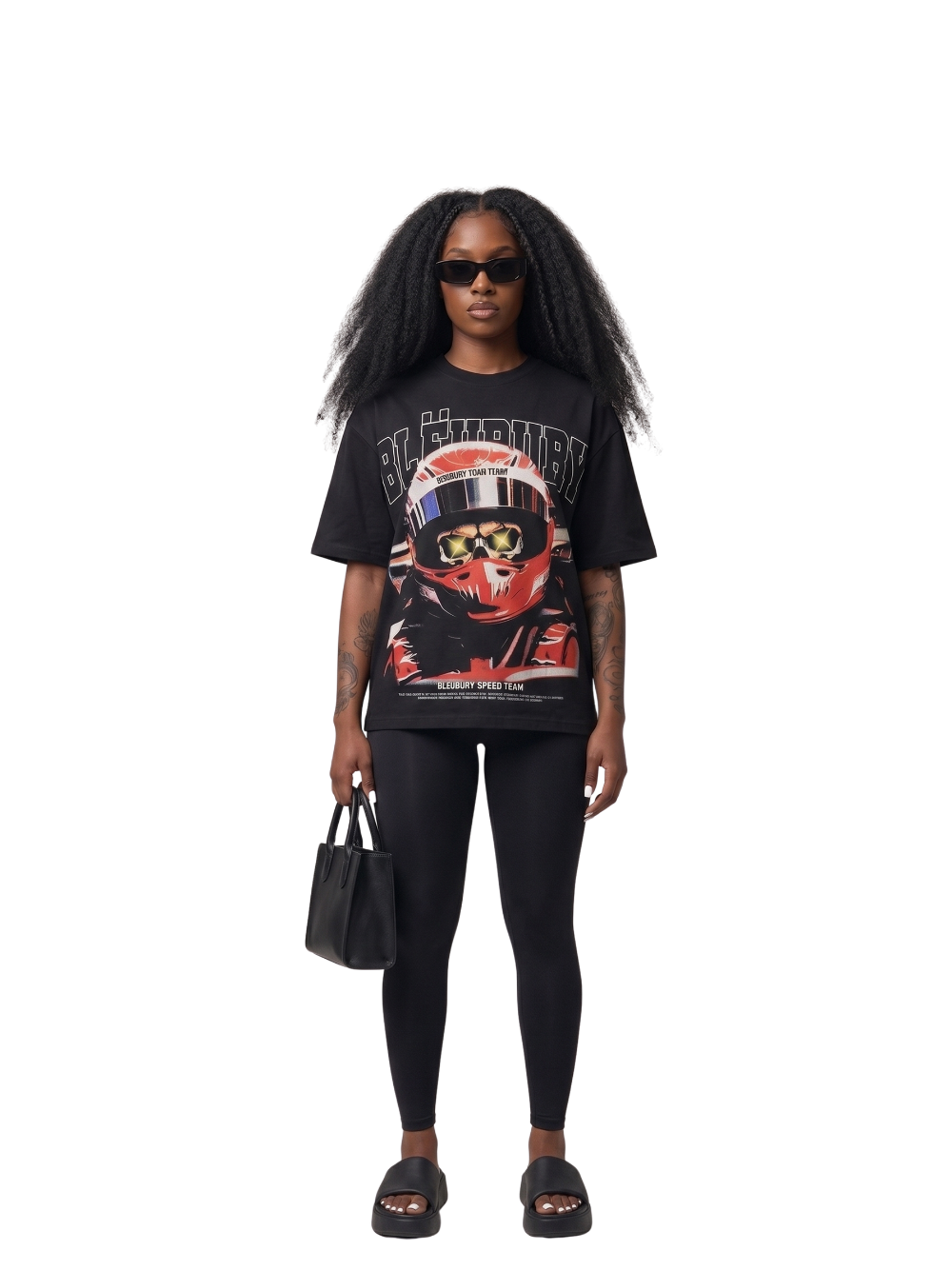 Bleu Bury black oversized graphic t shirt at unseen grail. local brands south africa. streetwear. men and women. galxboy. bantu. nike. studio image front female