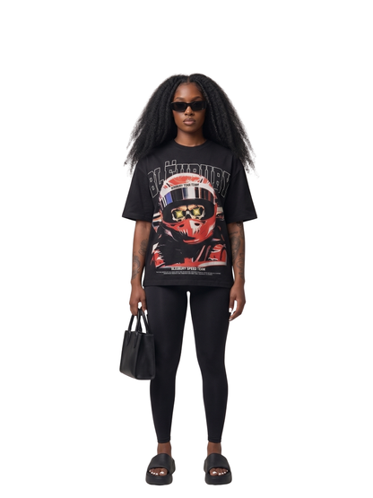 Bleu Bury black oversized graphic t shirt at unseen grail. local brands south africa. streetwear. men and women. galxboy. bantu. nike. studio image front female