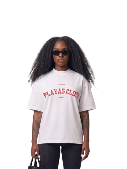 Bleu Bury white and red oversized graphic t shirt at unseen grail. local brands south africa. streetwear. men and women. galxboy. studio image female