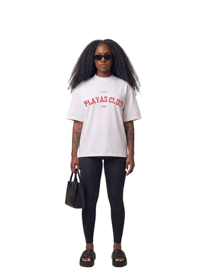 Bleu Bury white and red oversized graphic t shirt at unseen grail. local brands south africa. streetwear. men and women. galxboy. studio image female model front