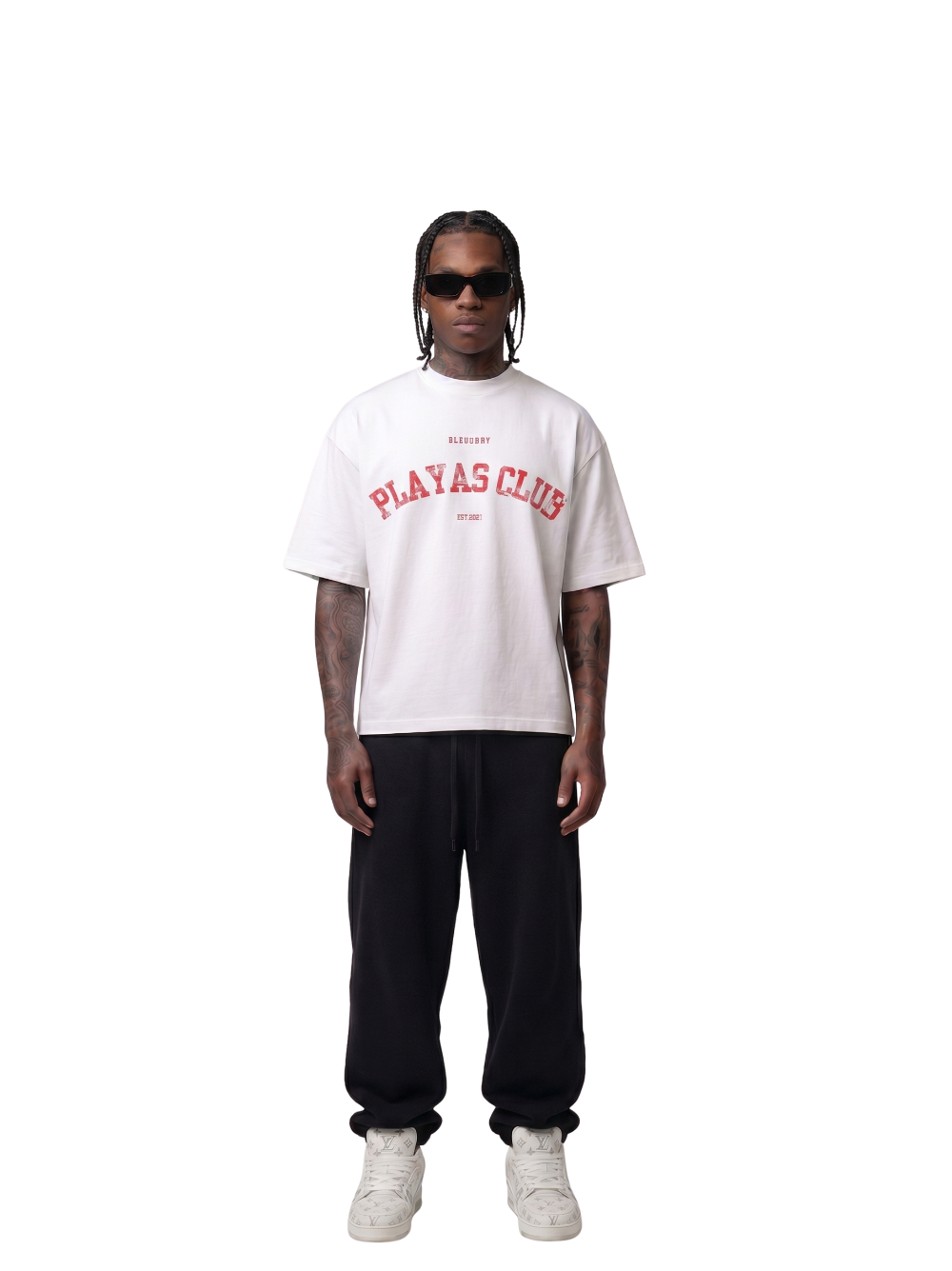 Bleu Bury white and red oversized graphic t shirt at unseen grail. local brands south africa. streetwear. men and women. galxboy. studio image male model front
