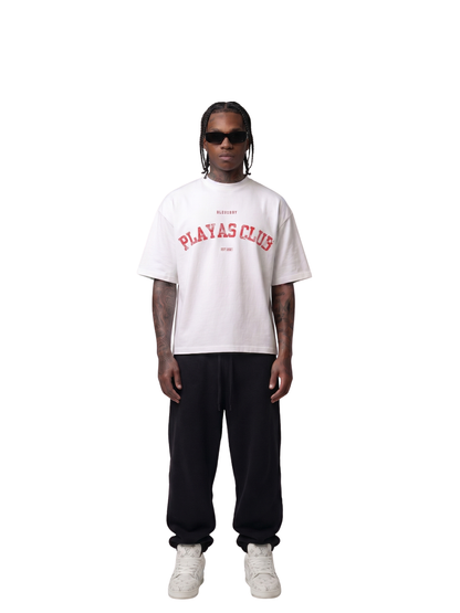 Bleu Bury white and red oversized graphic t shirt at unseen grail. local brands south africa. streetwear. men and women. galxboy. studio image male model front