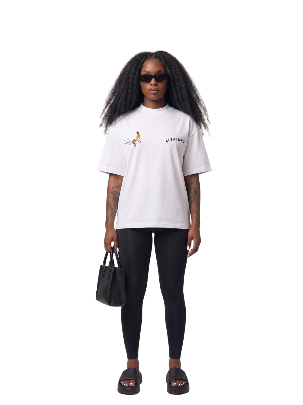 Bleu Bury white oversized graphic t shirt at unseen grail. local brands south africa. streetwear. men and women. galxboy. bantu. female model
