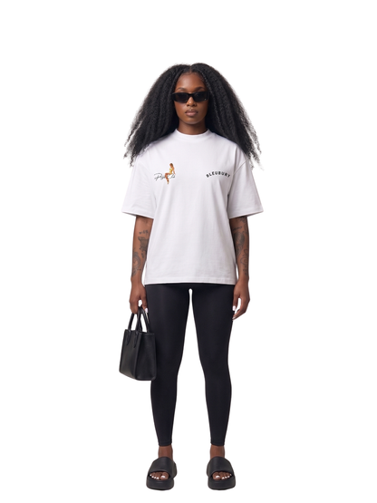 Bleu Bury white oversized graphic t shirt at unseen grail. local brands south africa. streetwear. men and women. galxboy. bantu. female model