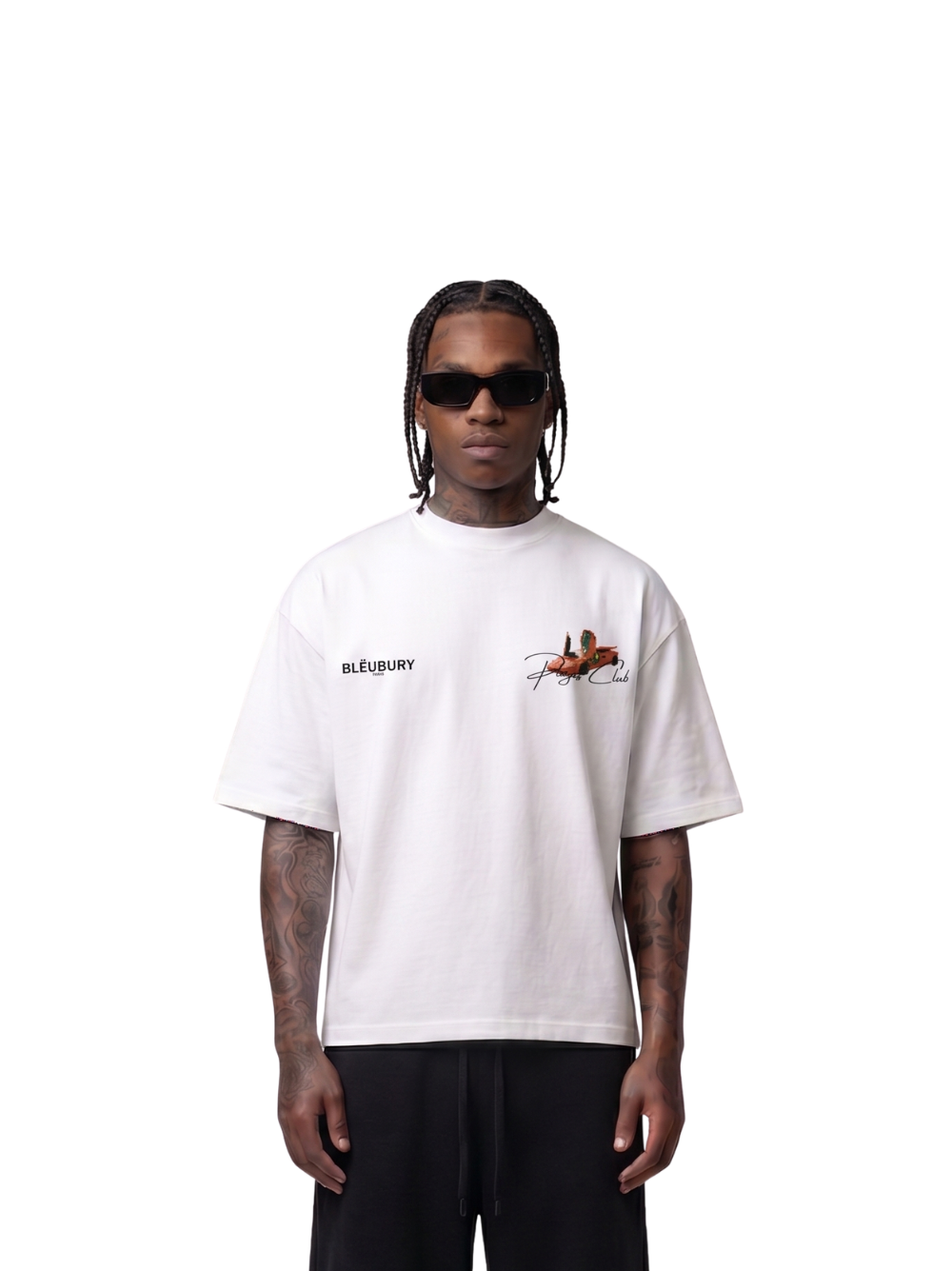 Bleu Bury white oversized graphic t shirt at unseen grail. local brands south africa. streetwear. men and women. galxboy. bantu. nike. male model
