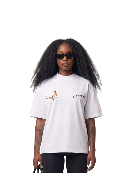 Bleu Bury white oversized graphic t shirt at unseen grail. local brands south africa. streetwear. men and women. galxboy. bantu. studio image female 