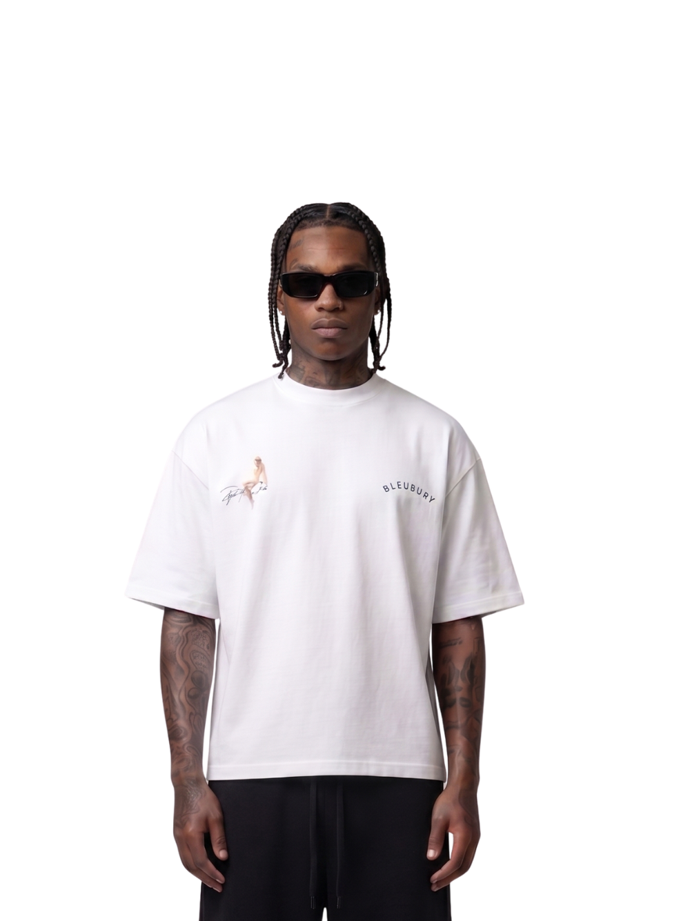 Bleu Bury white oversized graphic t shirt at unseen grail. local brands south africa. streetwear. men and women. galxboy. bantu. studio image male model