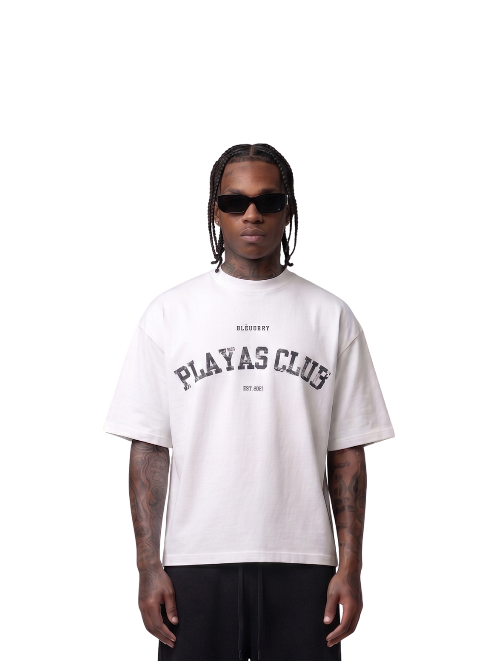 Bleu Bury white oversized graphic t shirt at unseen grail. local brands south africa. streetwear. men and women. galxboy. men model front