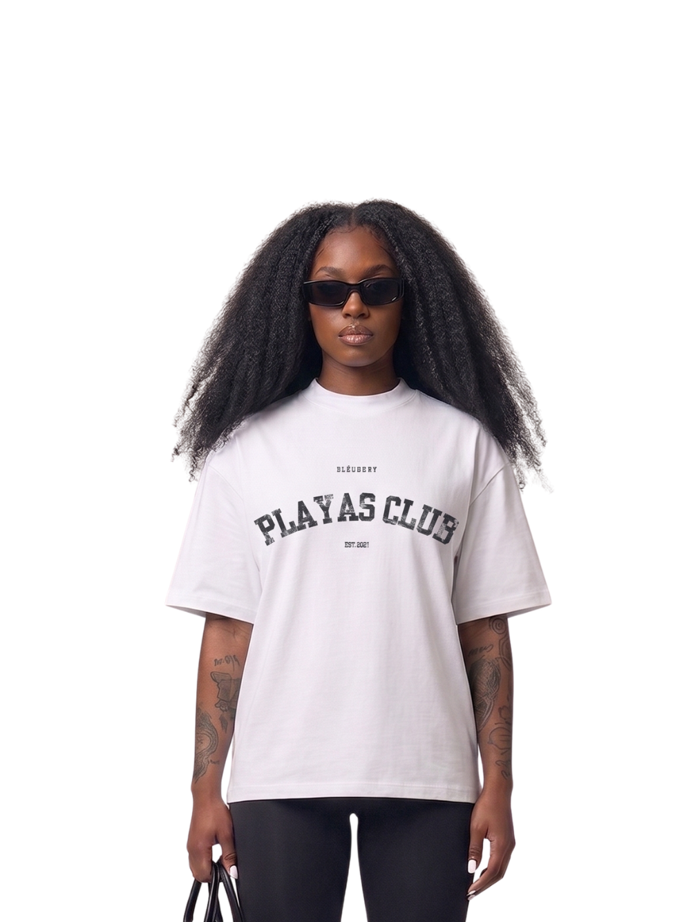 Bleu Bury white oversized graphic t shirt at unseen grail. local brands south africa. streetwear. men and women. galxboy. women model front