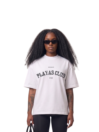 Bleu Bury white oversized graphic t shirt at unseen grail. local brands south africa. streetwear. men and women. galxboy. women model front