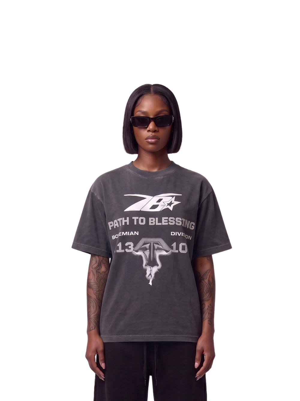 Bohemian black oversized tshirt at unseen grail. men and women. south africa top local brands all at unseen grail. studio image female model front