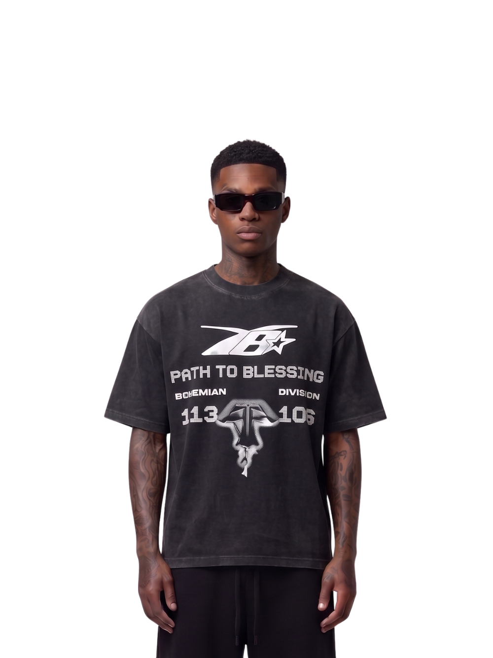Bohemian black oversized tshirt at unseen grail. men and women. south africa top local brands all at unseen grail. studio image male model front