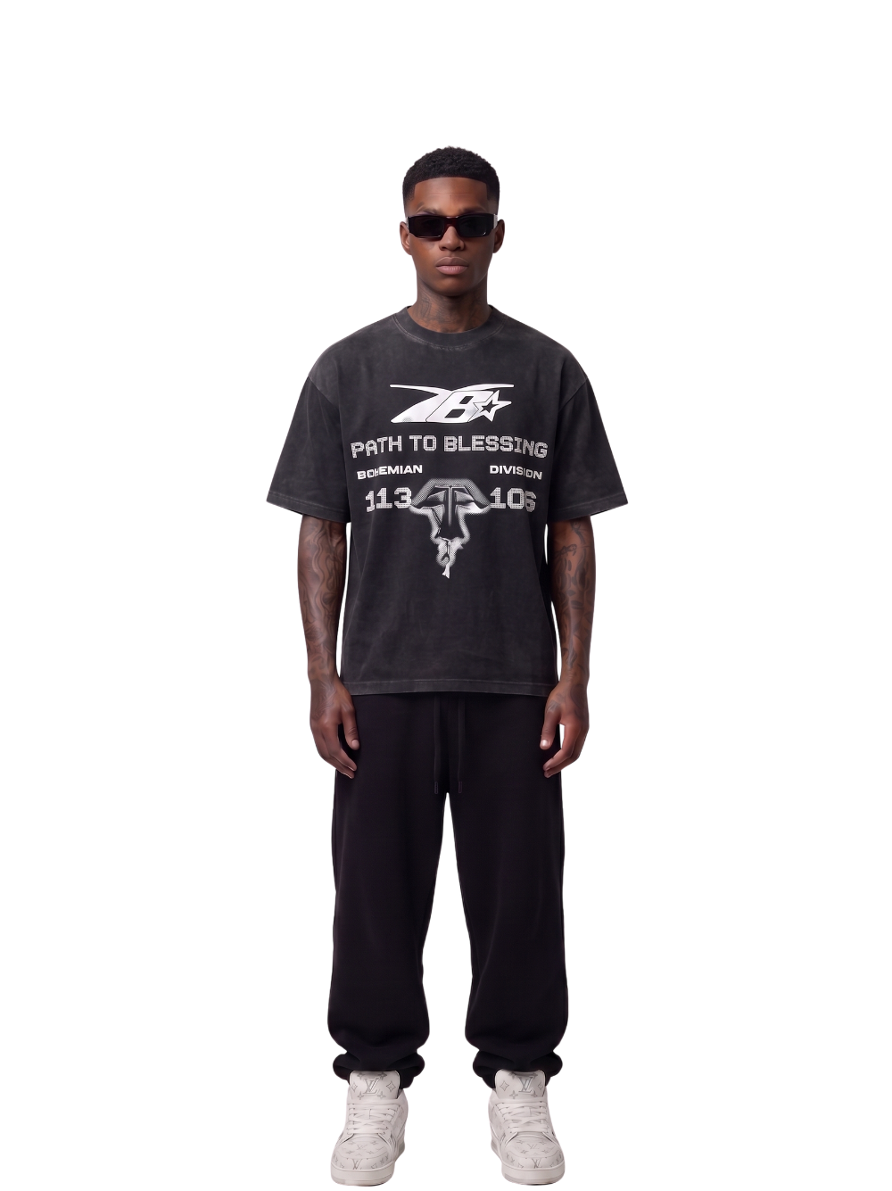 Bohemian black oversized tshirt at unseen grail. men and women. south africa top local brands all at unseen grail. studio image male model front full image
